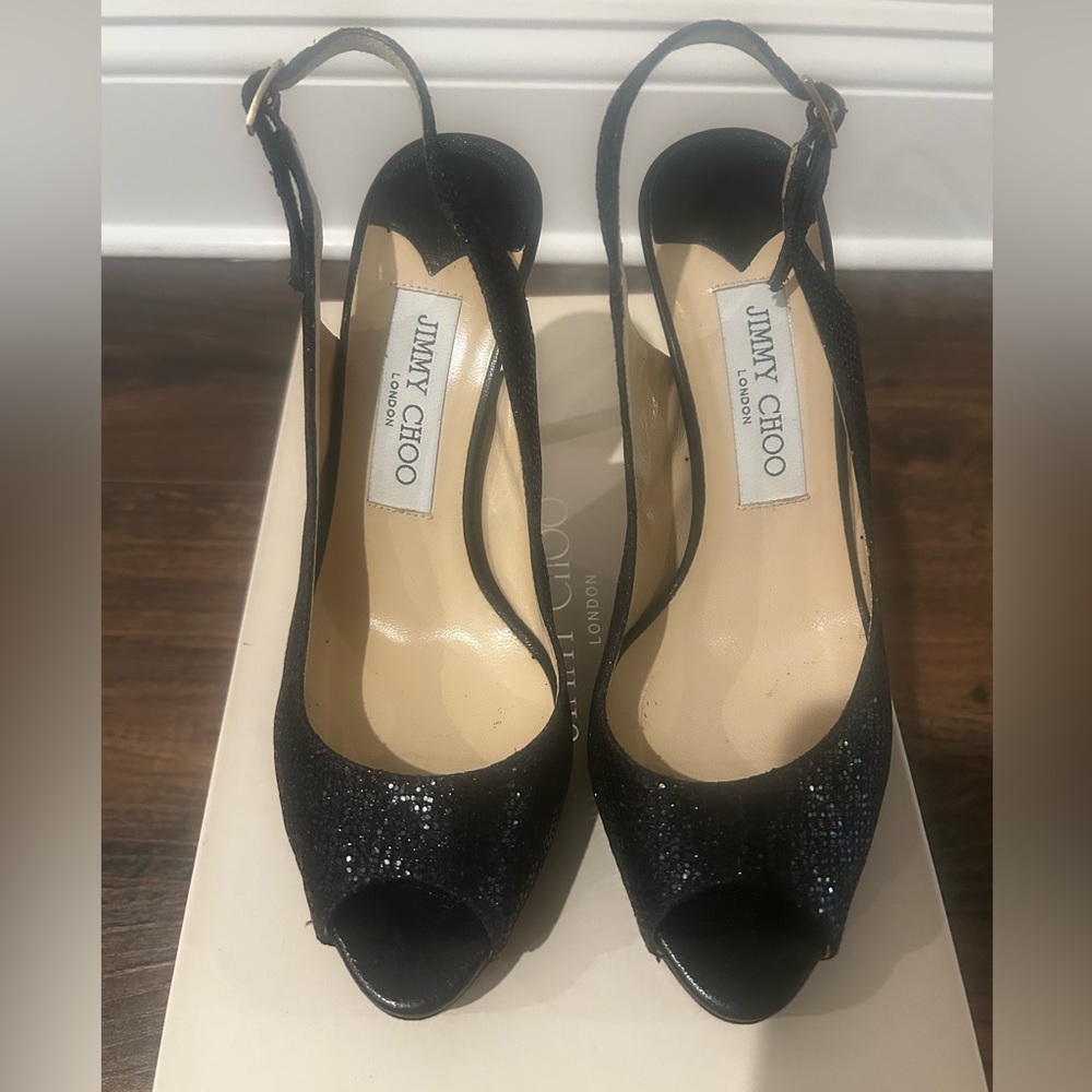 Jimmy Choo Glitter Fabric Black Peep-Toe Heels